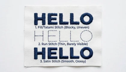 Macro shot comparing fill stitch, run stitch, and satin stitch on navy embroidery.