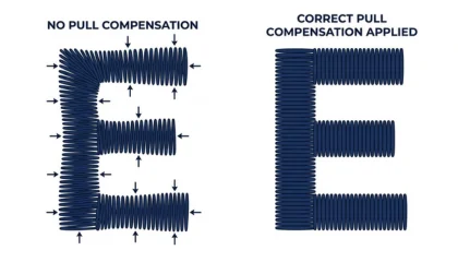 Infographic showing how pull compensation corrects fabric distortion in the letter E.