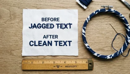 A fabric swatch showing a "before" jagged embroidery sample and an "after" corrected sample.A fabric swatch showing a "before" jagged embroidery sample and an "after" corrected sample.