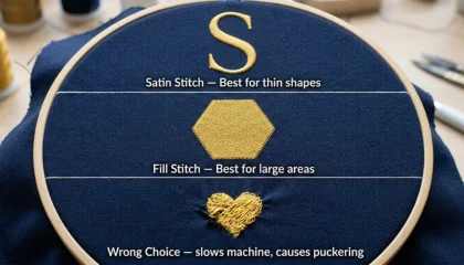 satin stitch versus fill stitch versus wrong stitch type causing slow embroidery machine