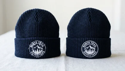 Two knit beanies side by side showing embroidery with and without knockdown stitch results