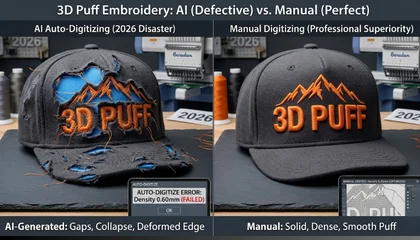 Side-by-side comparison of distorted AI digitizing versus clean, professional manual 3D puff embroidery.