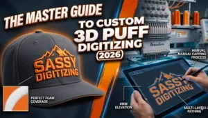 Grey cap with orange 3D puff embroidery, digital tablet, and embroidery machine.