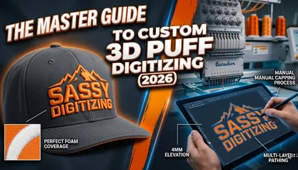 Grey cap with orange 3D puff embroidery, digital tablet, and embroidery machine.