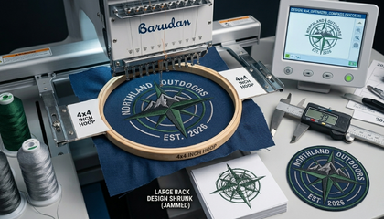 Comparison of a messy, jammed "shrunk" design versus a clean, professional 4x4 compass patch in an embroidery hoop.