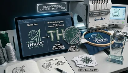 A digital tablet showing micro-digitizing details like pathing and capping, next to a professional embroidery machine.