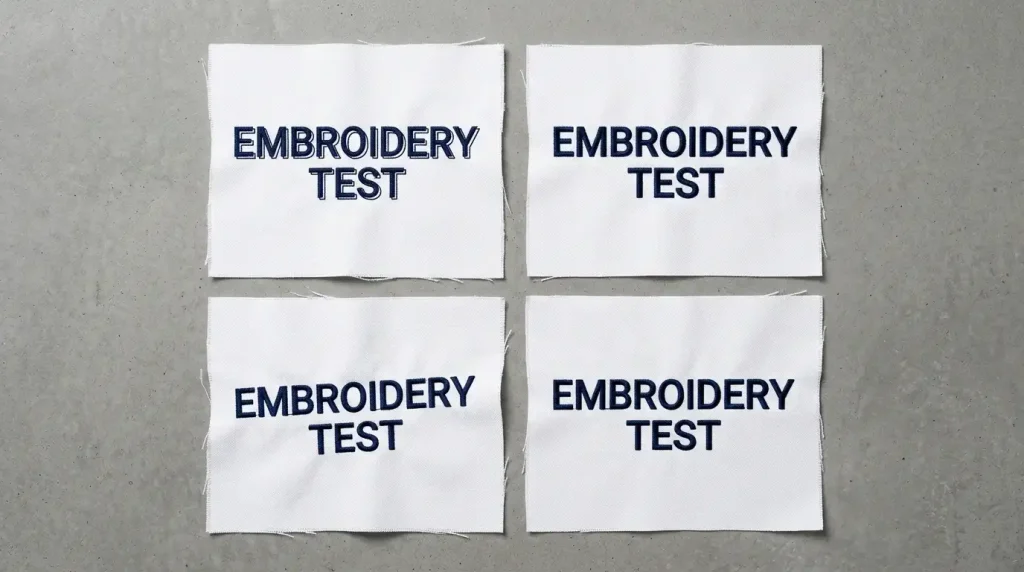 Four fabric swatches showing main causes of embroidery letter misalignment: zero pull compensation, correct pull compensation, loose hooping, and correct hooping