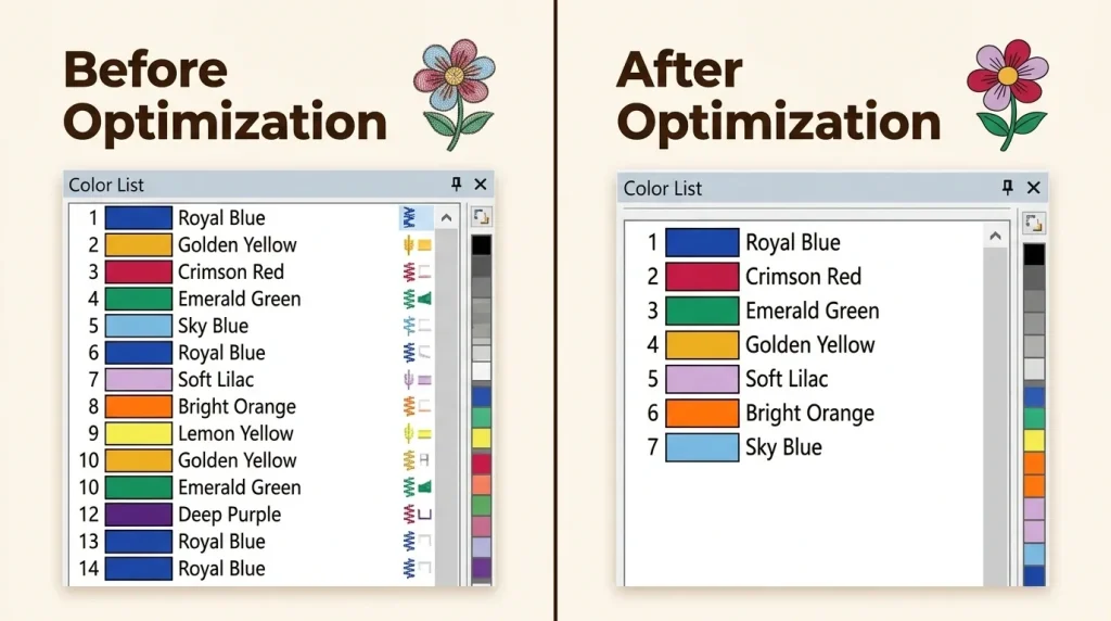 before and after merging same color objects in embroidery digitizing to reduce stops