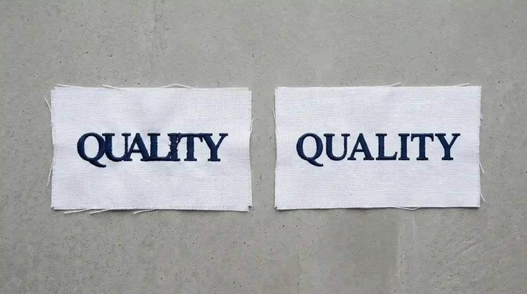 Small embroidery text with incorrect letter spacing showing merged and gapped letters vs correct even spacing showing clean readable text