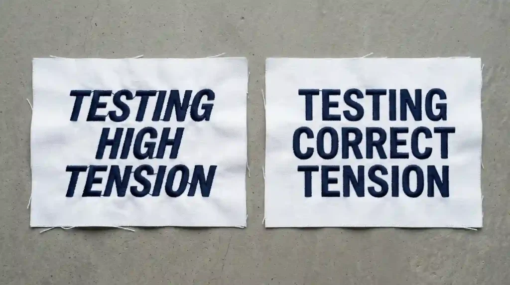 Embroidery text with high tension causing consistent letter lean on left vs correct balanced tension showing upright aligned letters on right