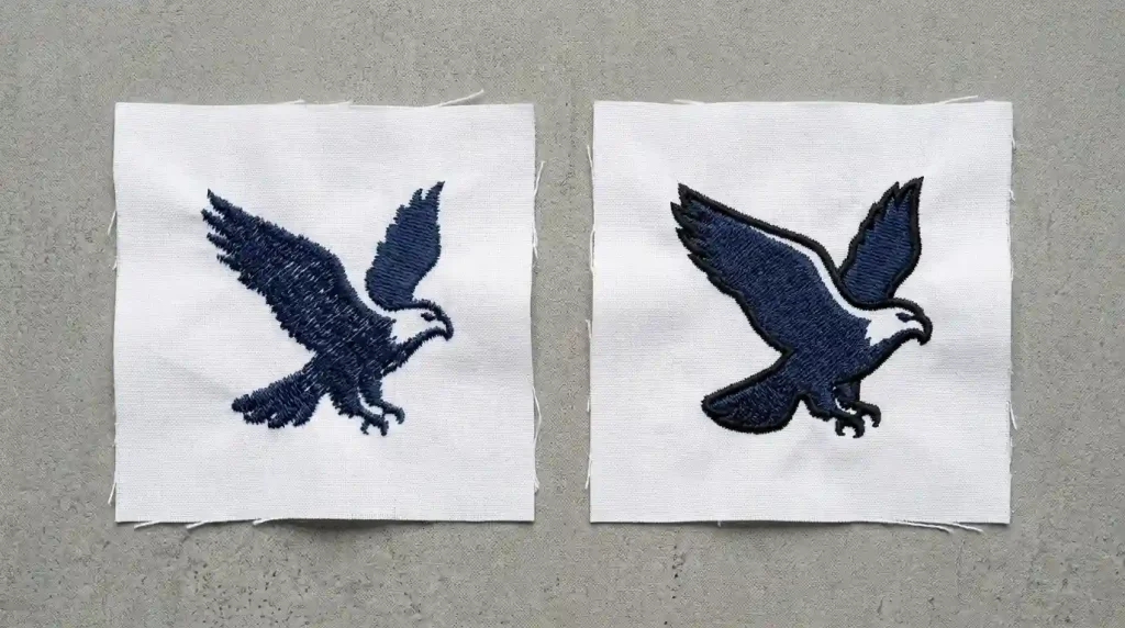 Embroidery design element with no outline showing soft undefined edges vs same element with satin outline showing sharp professional definition