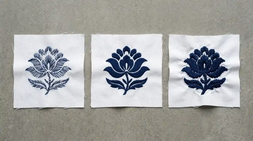 Three embroidery fill density levels showing too low, correct, and too high density on white fabric swatches in navy blue thread