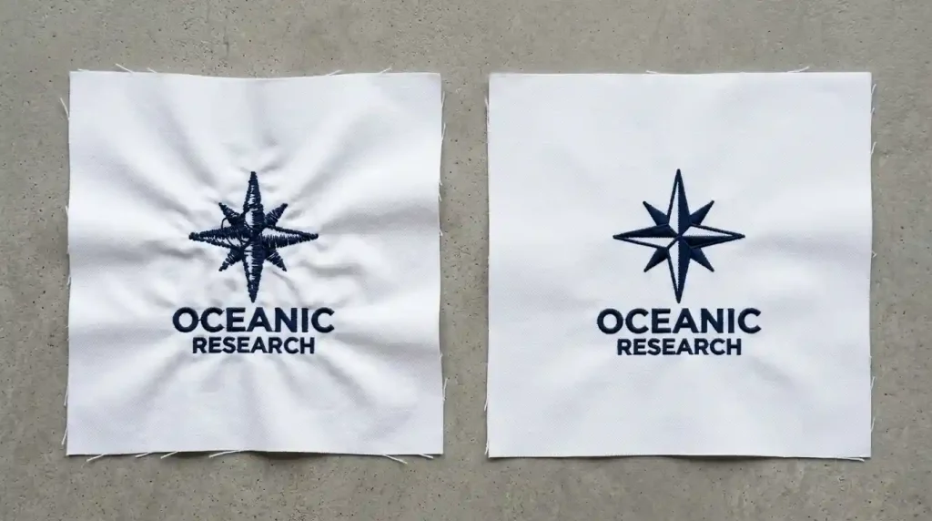 Two fabric swatches showing embroidery puckering from high density on left vs flat smooth result from correct density on right