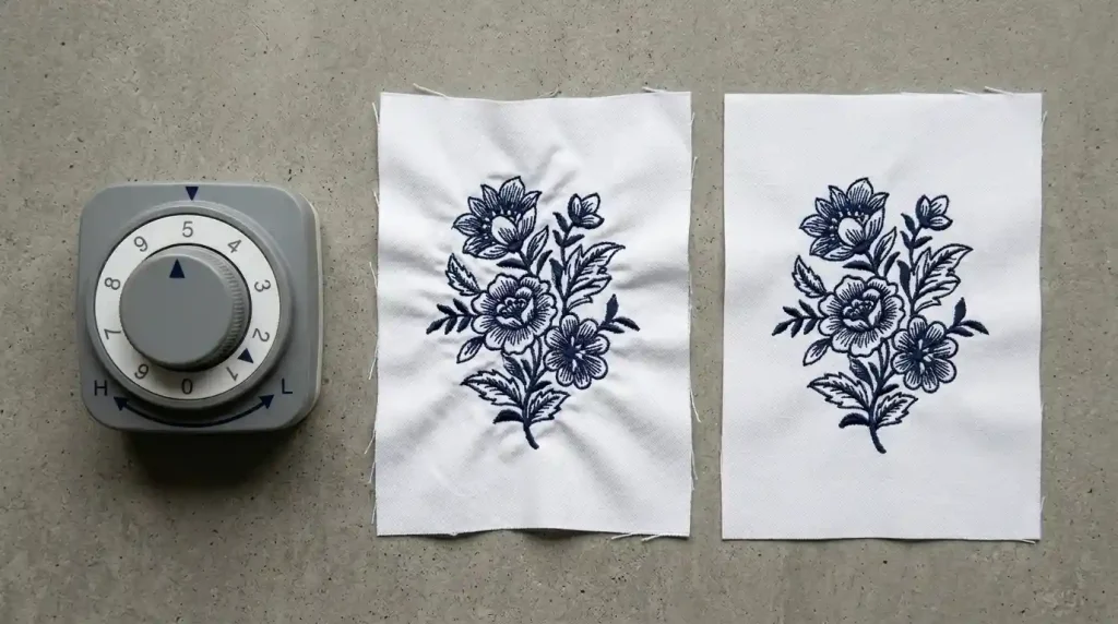 Embroidery machine tension dial being reduced with fabric swatches showing directional puckering from high tension vs flat result from correct tension