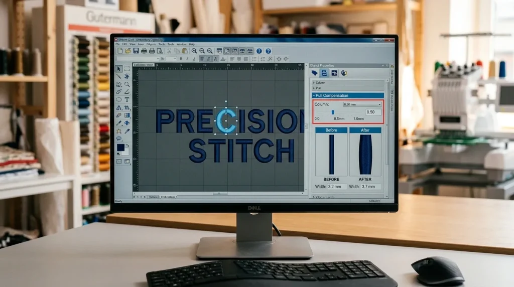 Embroidery digitizing software showing pull compensation setting being adjusted from zero to correct value for fixing letter alignment