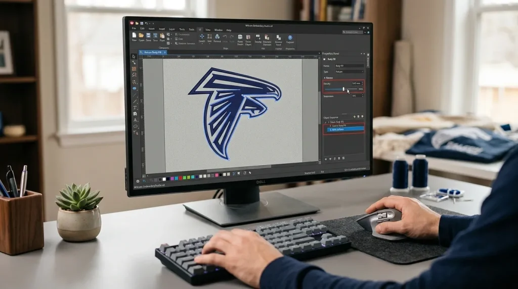 Hands editing embroidery digitizing software to increase fill density and add satin outline element to the stitch sequence