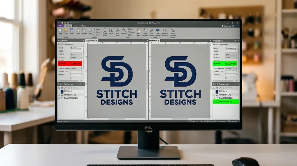 Embroidery digitizing software showing original file with low density and no outline vs edited file with correct density and outline added