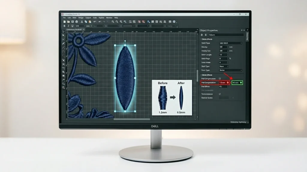 Embroidery digitizing software showing pull compensation value too high causing puckering vs correct value preventing puckering