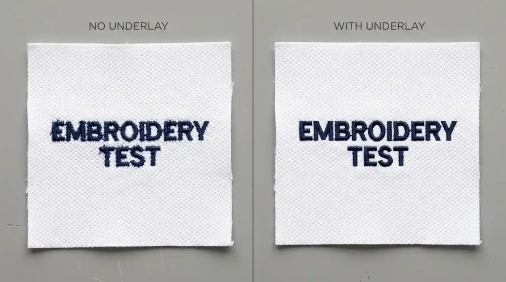 Small embroidery letters with no underlay showing fuzzy sinking text vs correct center-run underlay showing sharp defined letters