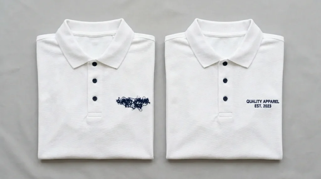 Why small letters don't stitch well or align properly — illegible piled thread on left vs clean sharp small text on right