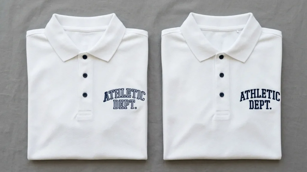 Why embroidery letters don't align — misaligned outline and fill on left vs perfectly aligned professional text on right