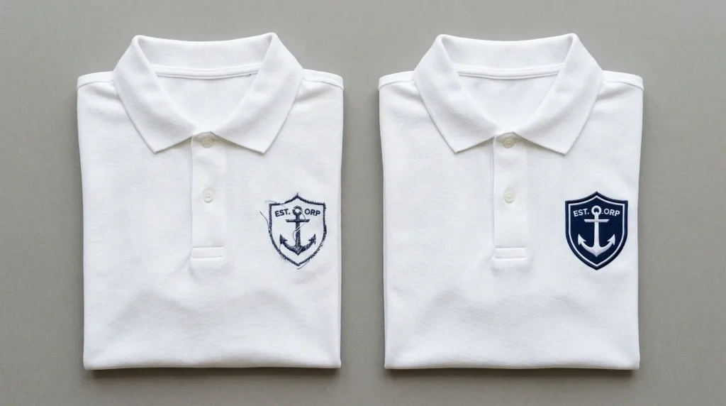 Embroidery design with thin sparse fill and no outline on left vs same design improved with added stitches and clean outline on right