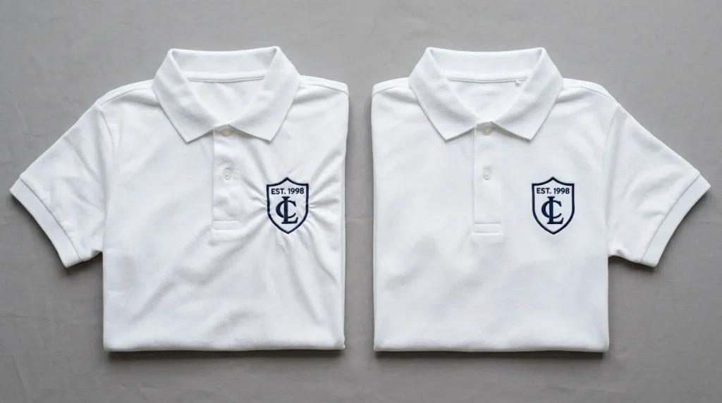 Why is my embroidery puckering — severe fabric bunching around logo on left vs clean flat professional embroidery with no puckering on right