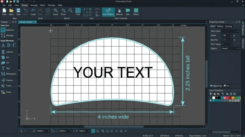 digitizing software canvas setup for background to text on hats
