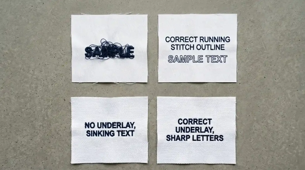 Four fabric swatches showing causes of small embroidery letter problems: wrong stitch type, correct running stitch, no underlay, and correct underlay