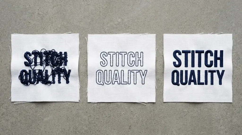 Three embroidery swatches showing satin stitch failure on small text, correct running stitch on small text, and correct satin stitch on larger text
