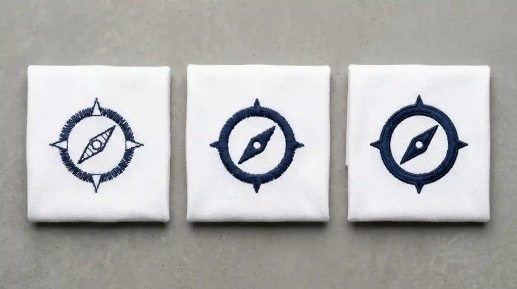 Three embroidery results showing original thin design, density increased only, and final result with increased density plus outline added