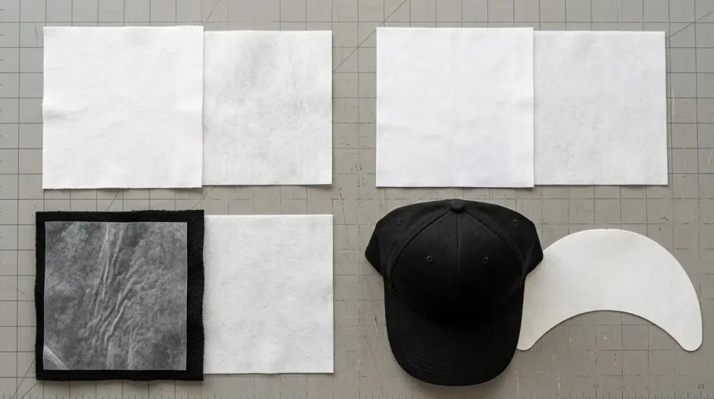 Four fabric and stabilizer pairings showing correct stabilizer selection to prevent embroidery puckering on different fabric types