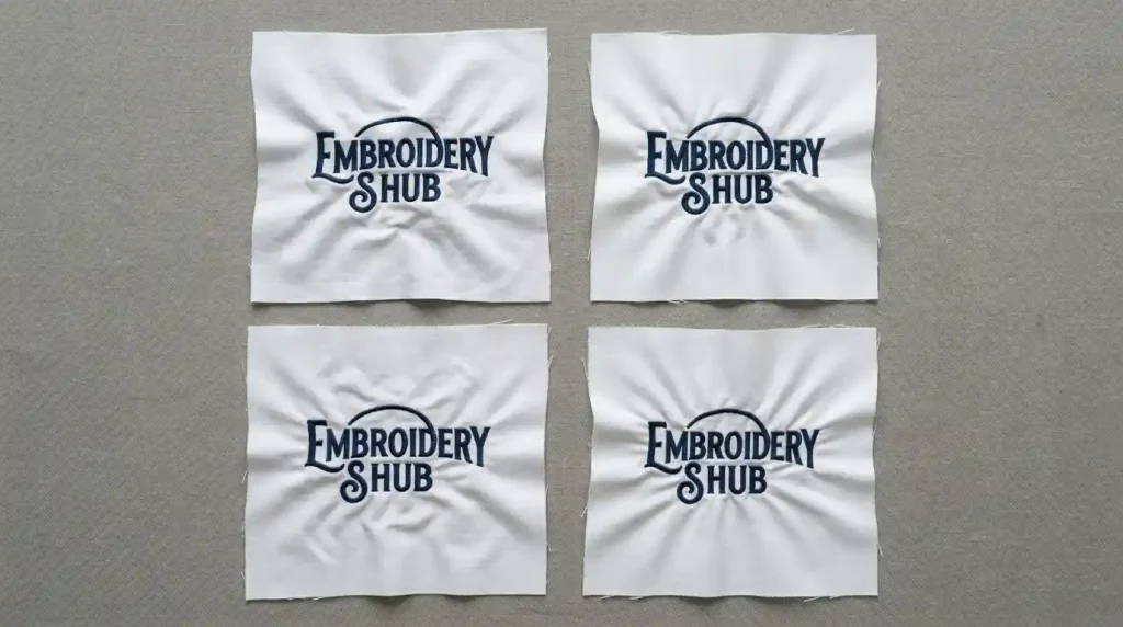 Four fabric swatches showing four main causes of embroidery puckering: wrong stabilizer, high density, loose hooping, and high thread tension