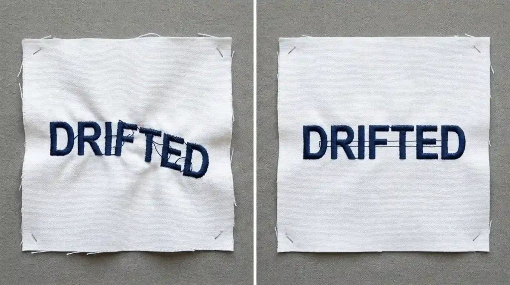 Embroidery text without underlay showing progressive letter drift vs correct underlay showing consistent alignment across all letters