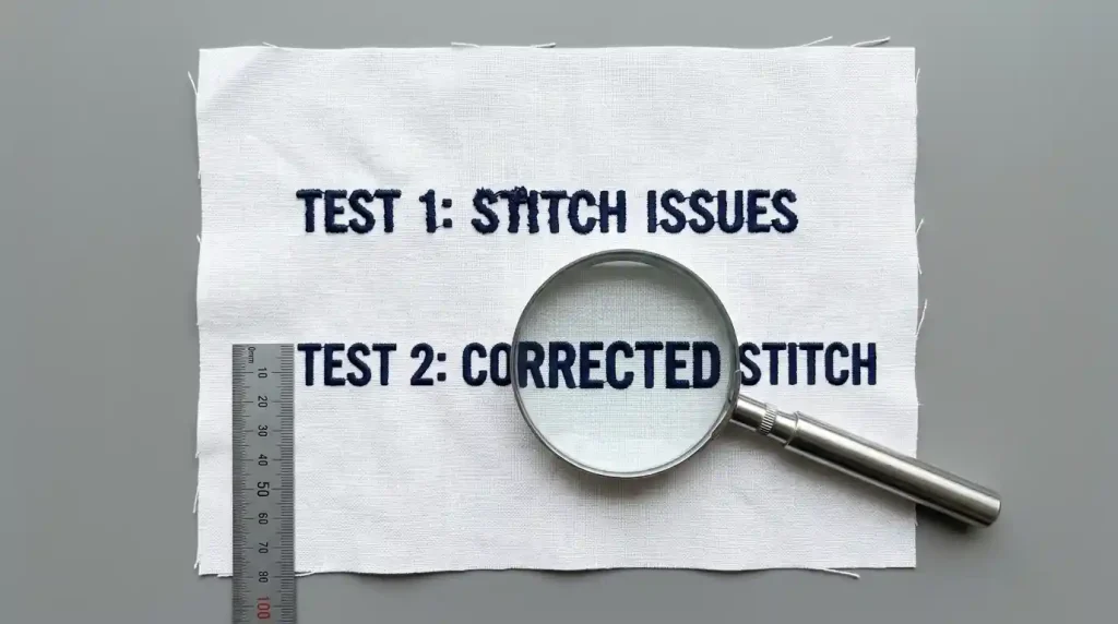 Small embroidery text test stitch-out showing first attempt with minor issues and corrected final version with magnifying glass showing sharp letter detail