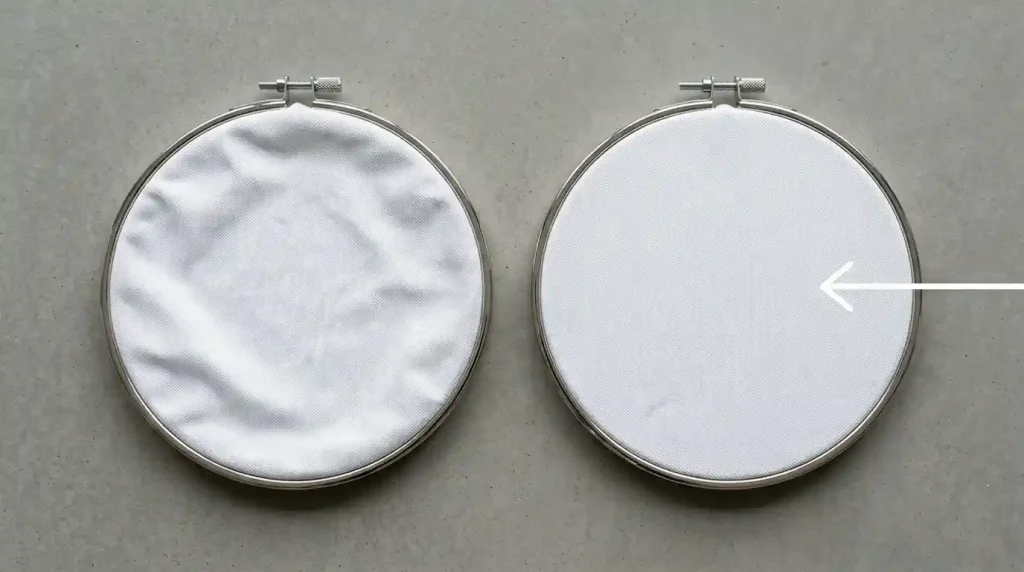 Two embroidery hoops showing loose hooping causing letter misalignment on left vs drum-tight hooping preventing drift on right