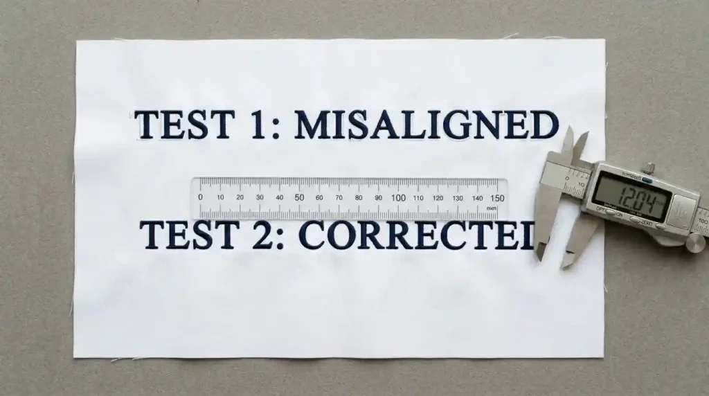Two rows of embroidery text test stitch-out showing first attempt with slight misalignment and corrected version with perfect letter alignment