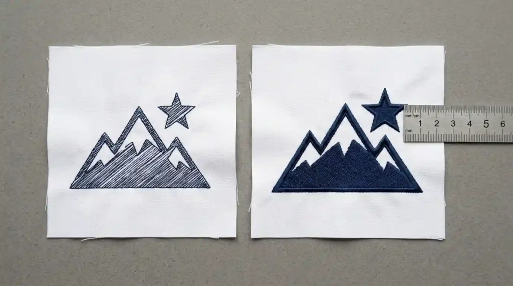 Original thin embroidery stitch-out with no outline compared to improved stitch-out with increased fill density and added satin outline