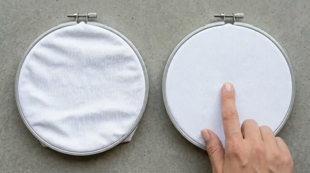 Two embroidery hoops showing loose slack fabric causing puckering on left vs drum-tight hooping preventing puckering on right