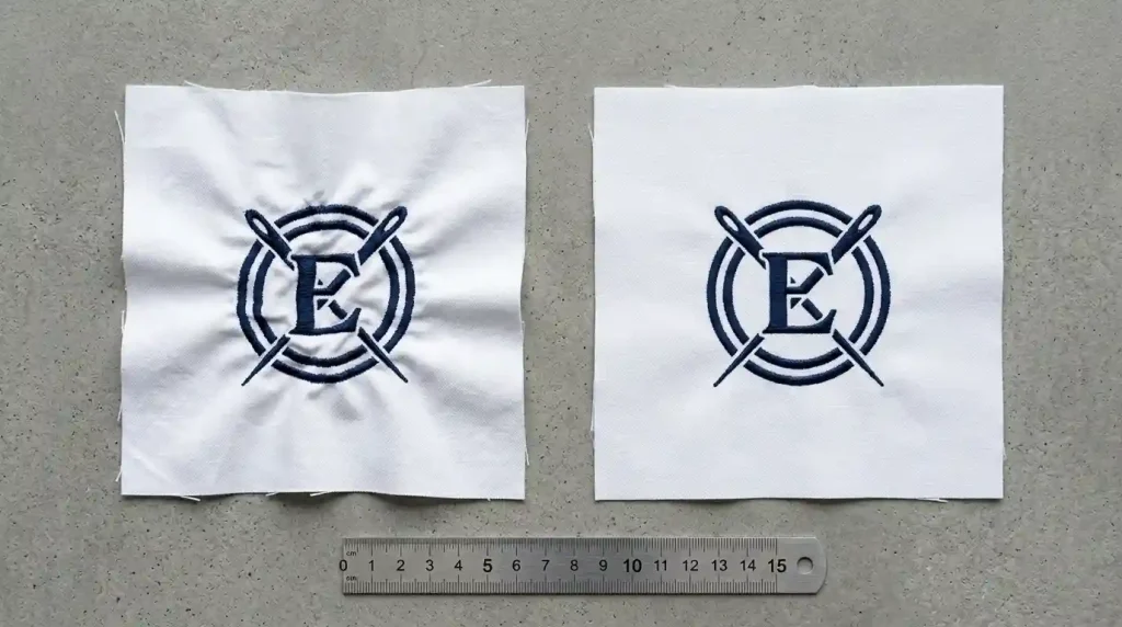 Before and after embroidery puckering fix test stitch-out showing wrinkled distorted fabric on left vs completely flat professional result on right