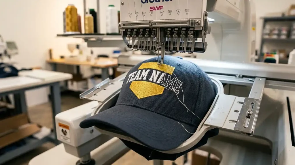test sewing background to text on hats on embroidery machine cap frame