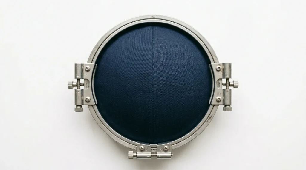 Structured baseball cap placed inside a cylindrical cap embroidery hoop frame