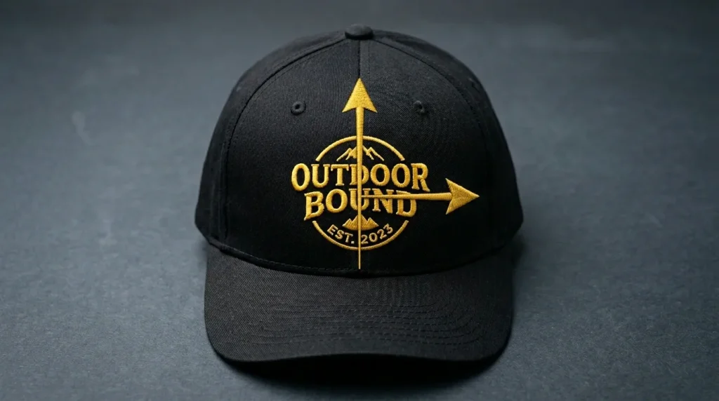 Cap logo sew order direction showing bottom-up and center-out arrows on black baseball cap embroidery