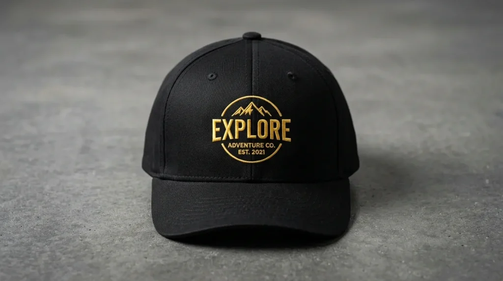 Clean professional embroidery logo on black baseball cap with correct sew order showing no distortion or puckering