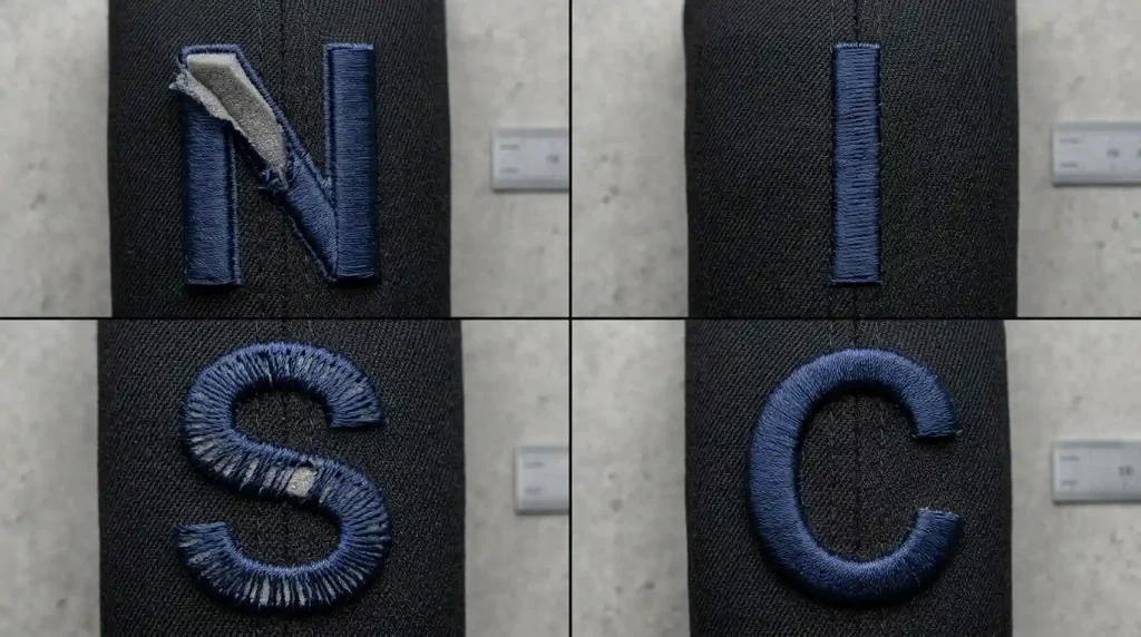 Four common issues in cap 3D puff logos: foam lifting at corners, collapsed narrow sections, exposed foam, and uneven raised height