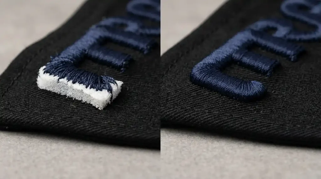 D puff letter terminal showing exposed raw foam at start point vs correctly sealed terminal with no foam visible