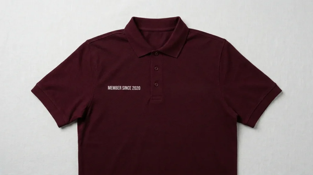 Clean readable small embroidery text on burgundy polo shirt showing sharp individual letters with no merging