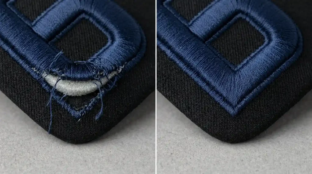 3D puff logo foam lifting at corner vs correctly sealed edge showing fixed capping stitches on black cap fabric
