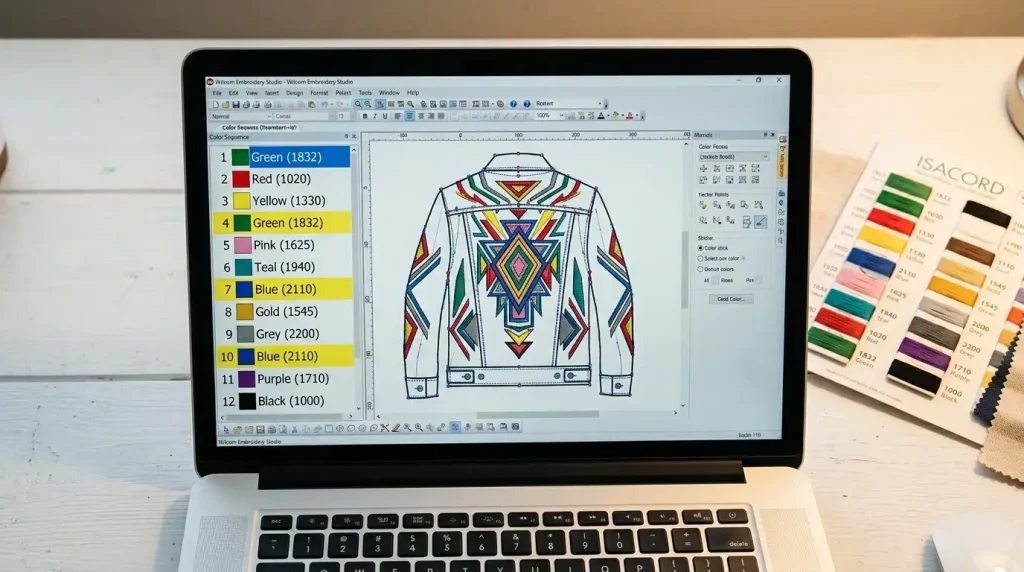auditing color sequence in embroidery digitizing software to reduce color changes