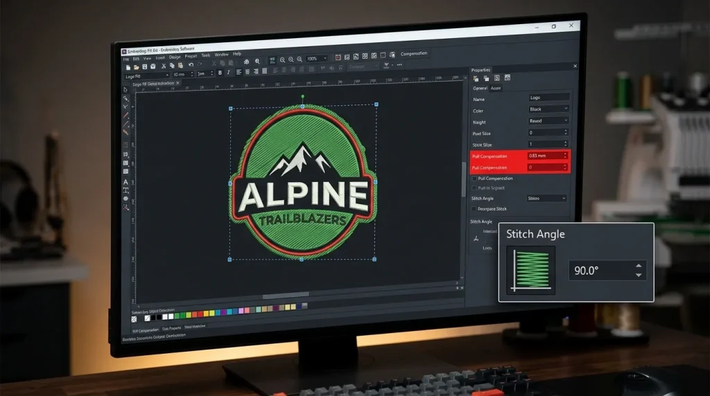 Embroidery digitizing software showing fill stitch leak causes with high pull compensation and wrong angle highlighted